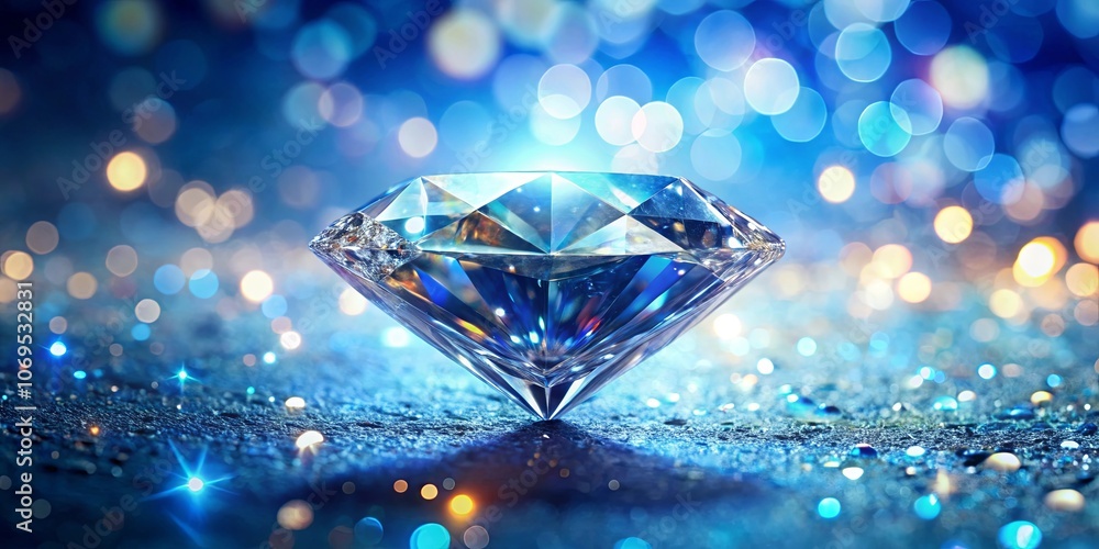 A single diamond, perfectly cut, sits atop a surface of glittering particles, bathed in a blue glow. The diamond catches the light, creating a dazzling display of brilliance and refraction. A single diamond, perfectly cut, sits atop a surface of glittering particles, bathed in a blue glow. The diamond catches the light, creating a dazzling display of brilliance and refraction.