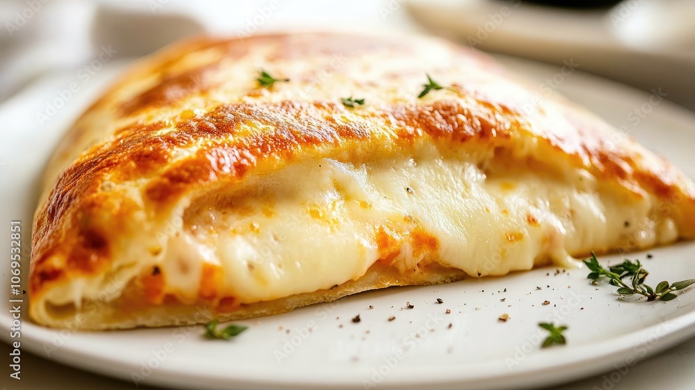Baked calzone filled with melted cheese and garnished fresh herbs on white plate Baked calzone filled with melted cheese and garnished fresh herbs on white plate