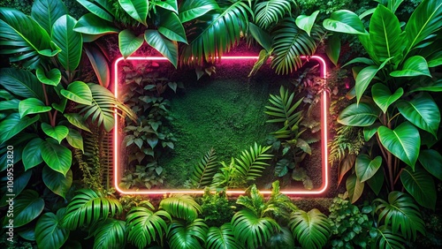 Fototapeta Naklejka Na Ścianę i Meble -  A vibrant green jungle wall with a bright pink neon light illuminating a square space amongst the lush foliage.