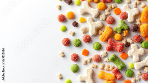 Colorful dog treats scattered on white background, featuring various shapes and textures. delightful assortment for pets, showcasing vibrant colors and fun designs