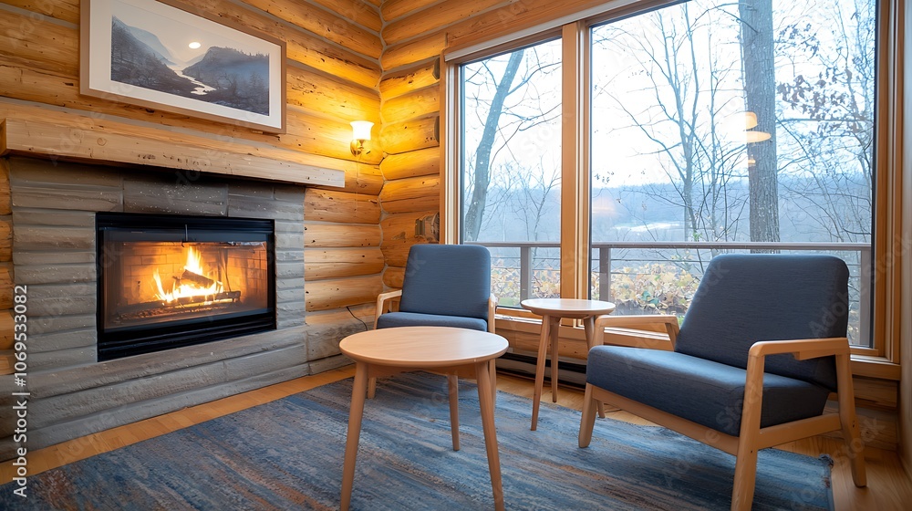 Fototapeta premium Cozy living room with fireplace creates inviting atmosphere for relaxation and comfort