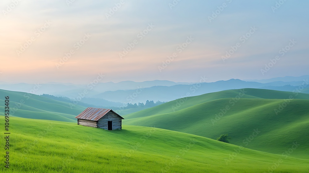 Explore the tranquil serenity of a remote cabin nestled amongst lush green hills at sunset Explore the tranquil serenity of a remote cabin nestled amongst lush green hills at sunset