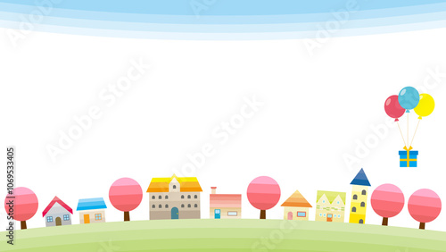 シンプルな街並みのイラスト　枠　背景 　春
