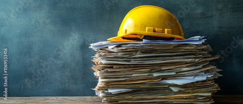 yellow hard hat rests on stack of project documents, symbolizing construction and planning. scene conveys sense of organization and readiness for work