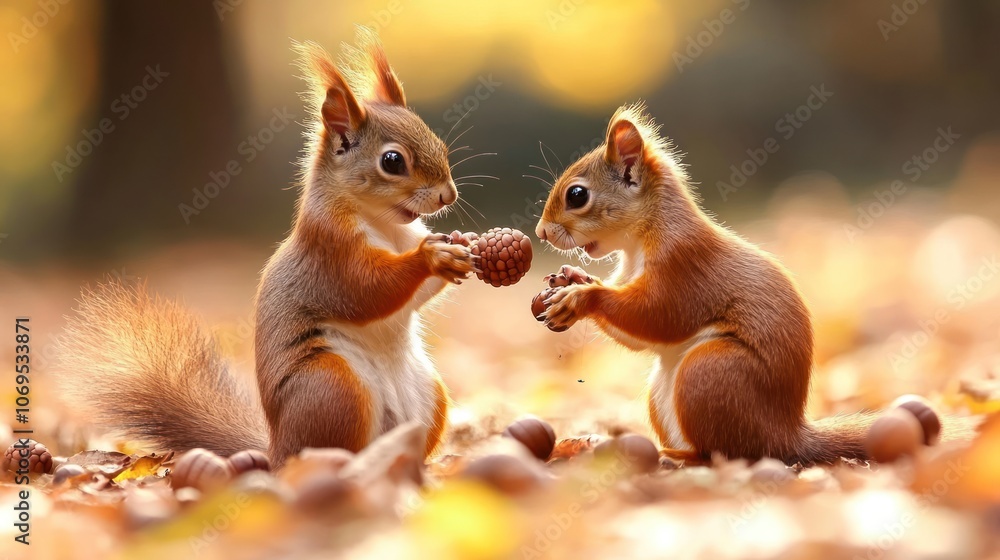 Two Squirrels Sharing a Nut in Autumn Two Squirrels Sharing a Nut in Autumn