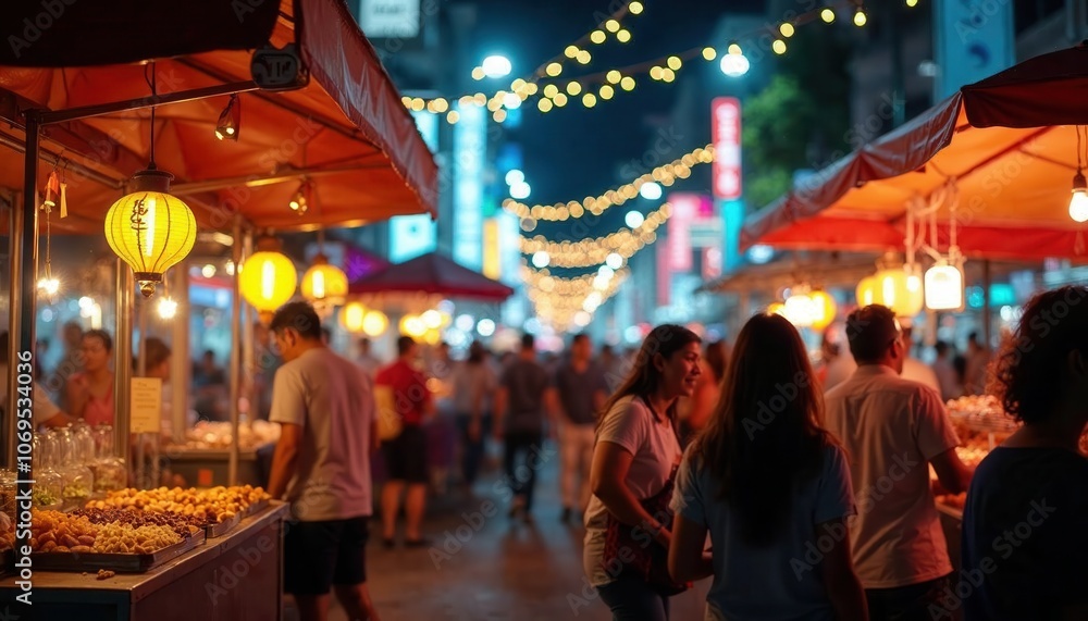 Explore the vibrant atmosphere of a night market filled with delicious food and colorful lights Explore the vibrant atmosphere of a night market filled with delicious food and colorful lights