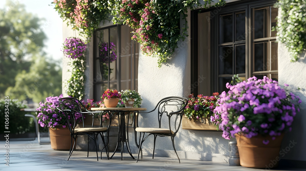 Fototapeta premium A charming patio with a table and chairs, surrounded by lush greenery and vibrant flowers in pots.
