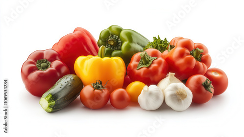 Vibrant vegetable medley featuring red, green, yellow peppers, tomatoes, zucchini, and garlic, perfect for healthy cooking and fresh meals