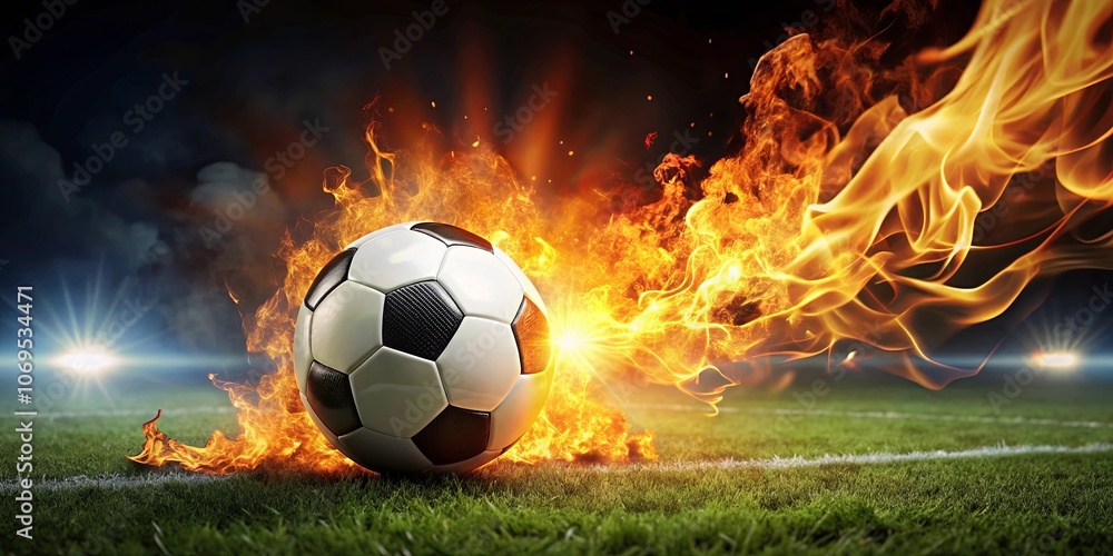 Fototapeta premium A soccer ball, engulfed in flames, sits on a field of green, a symbol of passionate competition and the burning desire to win.