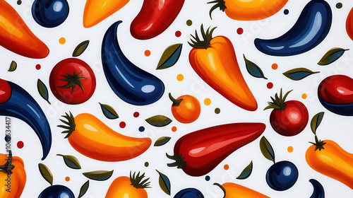 Vibrant vegetable medley featuring colorful peppers, tomatoes, and leaves, creating lively and cheerful pattern. Perfect for food related designs photo