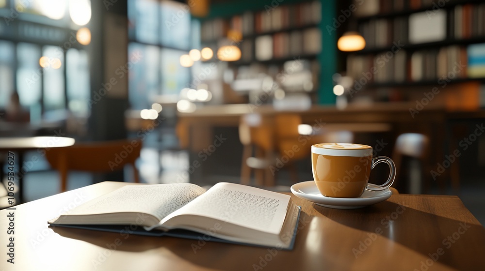 Open book and latte on a table in a cafe. Open book and latte on a table in a cafe.