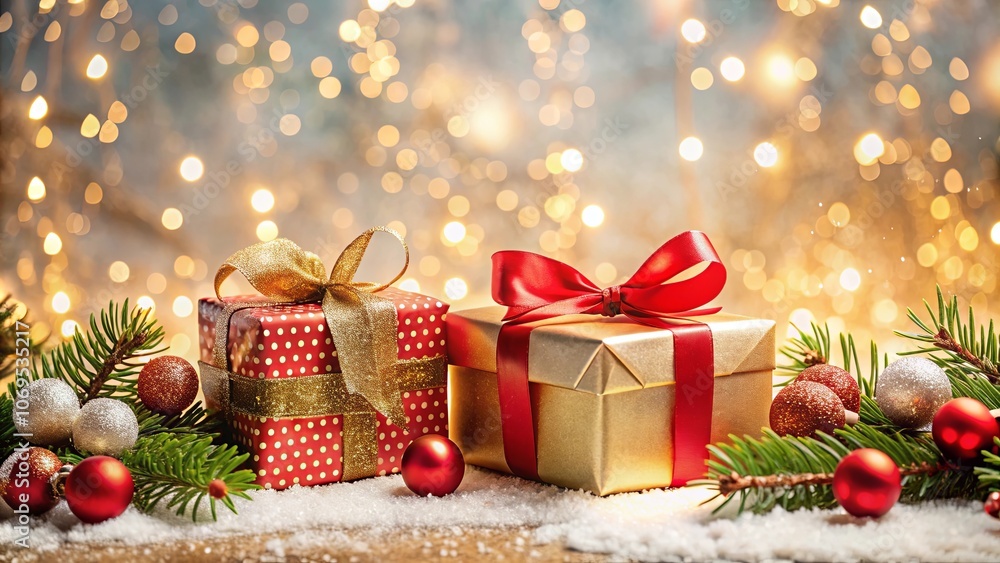 A Festive Scene of Wrapped Gifts Adorned with Bows and Ornaments Resting Upon a Bed of Snow, Illuminated by the Warm Glow of Festive Lights A Festive Scene of Wrapped Gifts Adorned with Bows and Ornaments Resting Upon a Bed of Snow, Illuminated by the Warm Glow of Festive Lights