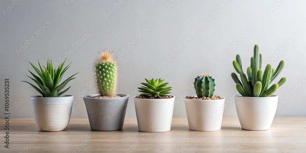 A Row of Potted Plants with Varying Textures and Shapes, Gracefully Arranged on a Light Wooden Surface Against a Neutral Wall A Row of Potted Plants with Varying Textures and Shapes, Gracefully Arranged on a Light Wooden Surface Against a Neutral Wall