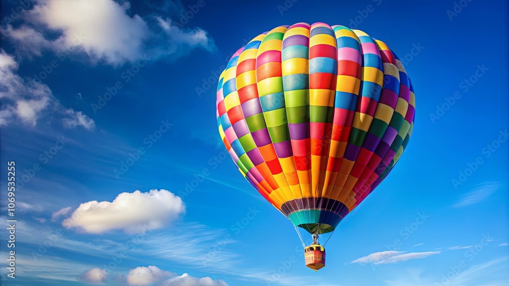 Naklejka premium A vibrant hot air balloon, adorned with a checkered pattern of various colors, gracefully ascends against a backdrop of a clear blue sky dotted with wispy white clouds.