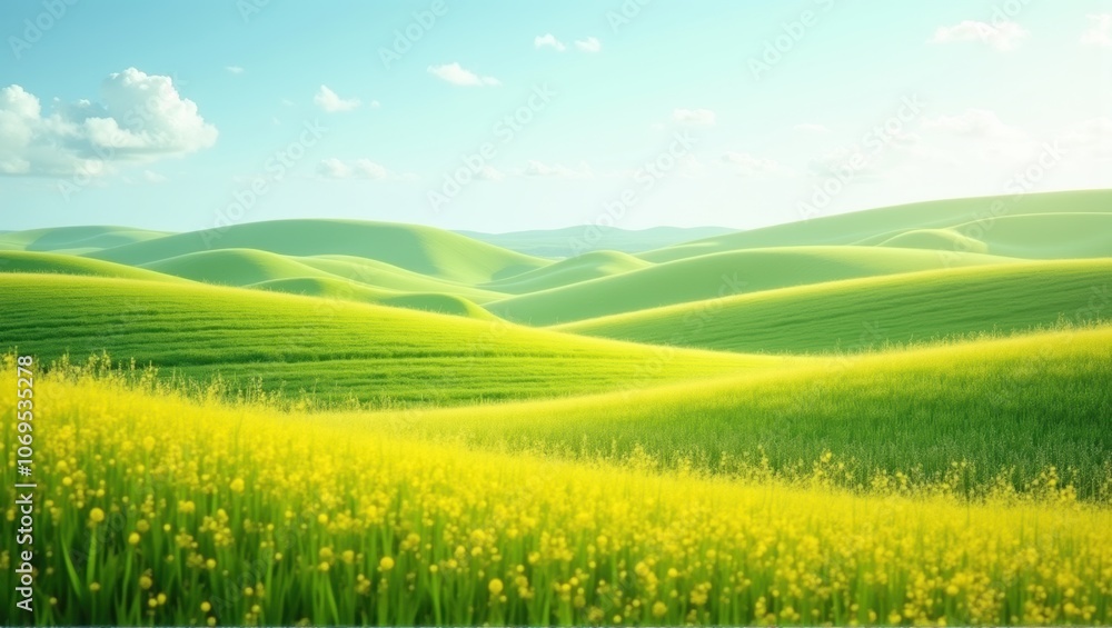 Lush green hills under a clear sky, vibrant yellow flowers in the foreground, serene and picturesque landscape. Generative, AI.
Lush green hills under a clear sky, vibrant yellow flowers in the foreground, serene and picturesque landscape. Generative, AI.
