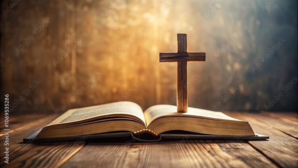 A wooden cross standing tall, its shadow cast upon an open book, bathed in a warm glow of light, symbolizing hope and faith. A wooden cross standing tall, its shadow cast upon an open book, bathed in a warm glow of light, symbolizing hope and faith.