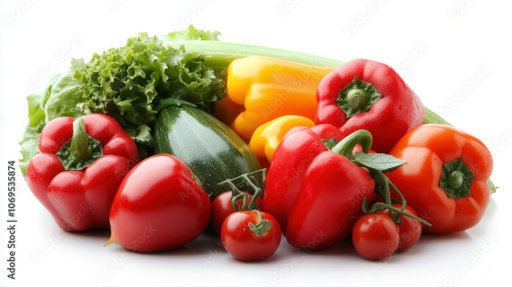 Fresh and vibrant vegetable medley featuring red peppers, yellow bell peppers, zucchini, tomatoes, and leafy greens, perfect for healthy meals Fresh and vibrant vegetable medley featuring red peppers, yellow bell peppers, zucchini, tomatoes, and leafy greens, perfect for healthy meals