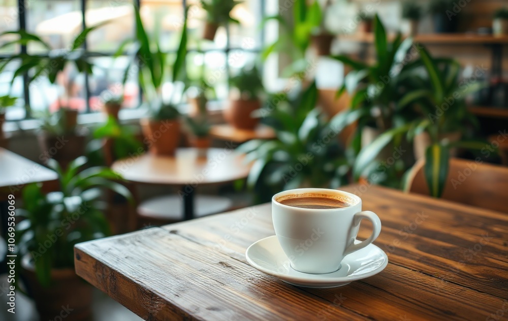 Cozy Cafe Scene with Coffee Cup and Lush Greenery Cozy Cafe Scene with Coffee Cup and Lush Greenery