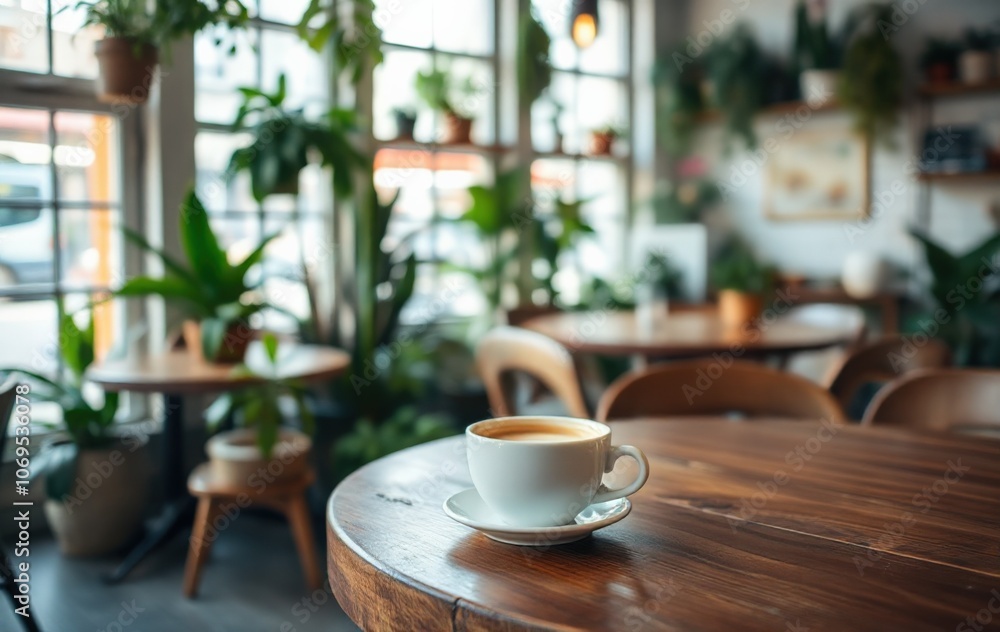 Cozy Cafe Scene with Fresh Coffee and Lush Greenery Cozy Cafe Scene with Fresh Coffee and Lush Greenery