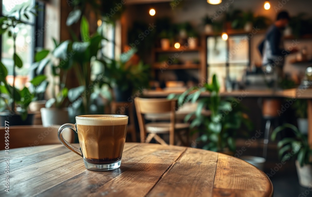 Cozy Coffee Scene in a Lush Cafe with Natural Ambience Cozy Coffee Scene in a Lush Cafe with Natural Ambience