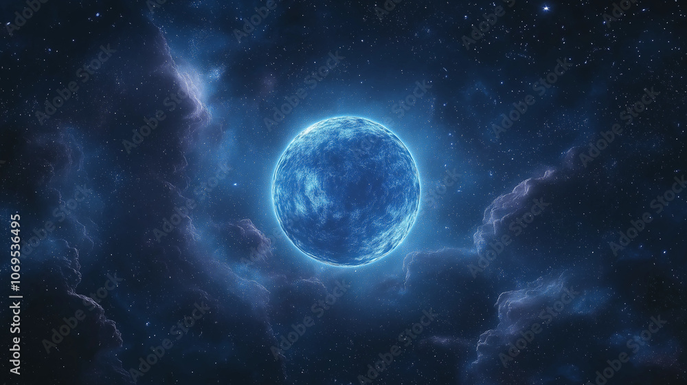 Celestial Blue Planet: A mesmerizing cosmic landscape featuring a vibrant blue planet glowing amidst a nebula of dark purple and blue clouds. The scene evokes a sense of mystery and wonder. Celestial Blue Planet: A mesmerizing cosmic landscape featuring a vibrant blue planet glowing amidst a nebula of dark purple and blue clouds. The scene evokes a sense of mystery and wonder.