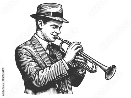 jazz musician playing the trumpet, dressed in a suit and hat, evoking classic jazz era vibes sketch engraving generative ai vector illustration. Scratch board imitation. Black and white image.