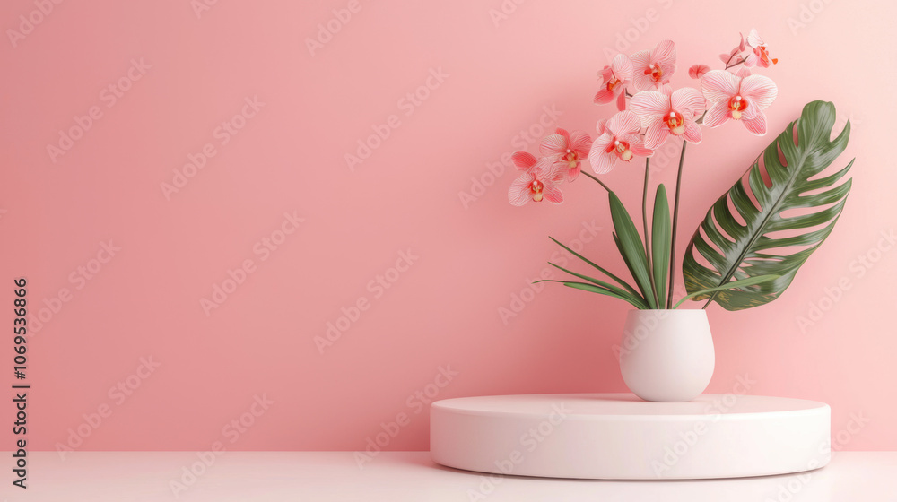 A pastel pink wall serves as a backdrop for elegant orchids in a white vase, alongside a green leaf, creating a serene and stylish decor. A pastel pink wall serves as a backdrop for elegant orchids in a white vase, alongside a green leaf, creating a serene and stylish decor.