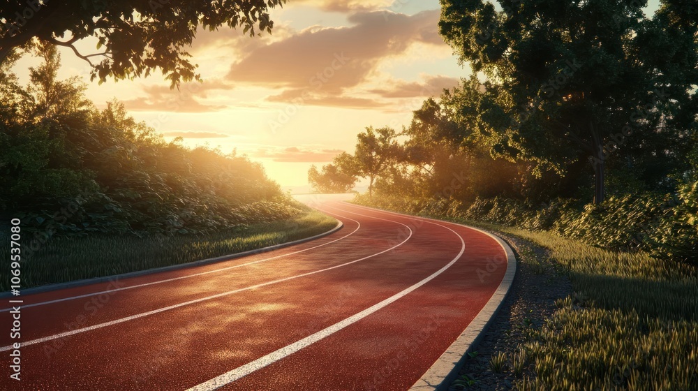 A winding red track surrounded by lush greenery and a glowing sunset. A winding red track surrounded by lush greenery and a glowing sunset.