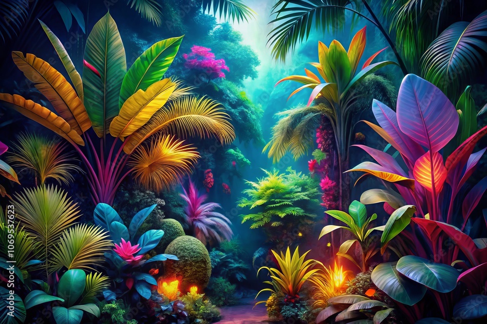 A Lush, Neon Jungle Filled with Vibrant Tropical Vegetation for Commercial Use – Stunning Documentary Photography for Nature Enthusiasts and Designers A Lush, Neon Jungle Filled with Vibrant Tropical Vegetation for Commercial Use – Stunning Documentary Photography for Nature Enthusiasts and Designers
