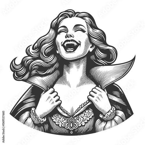 smiling female vampire with fangs and glamorous hairstyle, blending horror and retro elegance sketch engraving generative ai vector illustration. Scratch board imitation. Black and white image.
