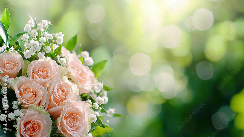 A beautiful bouquet of soft pink roses surrounded by delicate white flowers, set against a dreamy, blurred green background filled with light. A beautiful bouquet of soft pink roses surrounded by delicate white flowers, set against a dreamy, blurred green background filled with light.