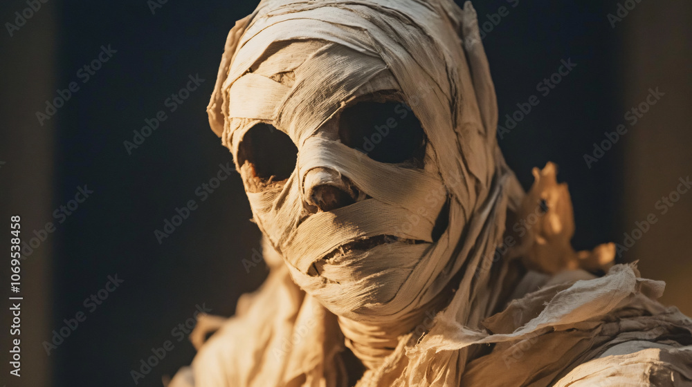 Obraz premium Creating a mummy outfit with bandages and rags.