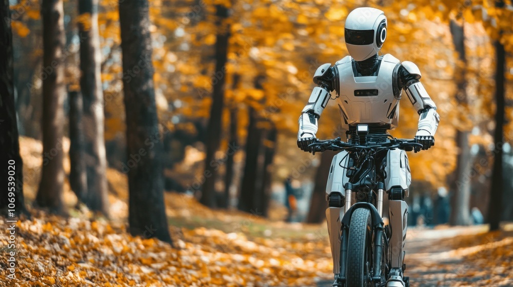 Robot riding an electric bicycle in a picturesque autumn park with orange and yellow foliage, showcasing technology in harmony with nature Robot riding an electric bicycle in a picturesque autumn park with orange and yellow foliage, showcasing technology in harmony with nature