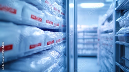 Medical storage room with organized shelves of supplies in sealed packages