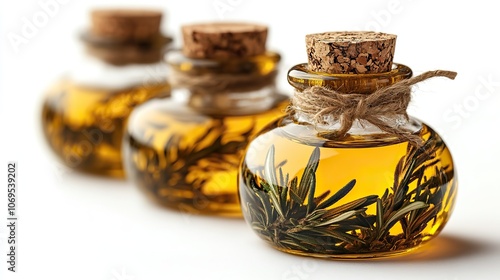 A cooking oil bottle with a cork cap is isolated against a white background with a clipping path.