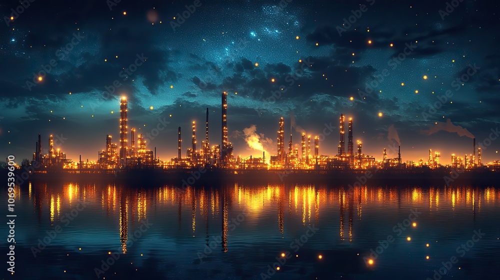 Fototapeta premium A creative design shows the future of energy industry plants, blending oil, gas, and petrochemical refinery concepts for a futuristic outlook.