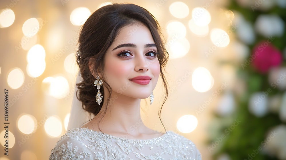 A beautiful bride radiates elegance and joy amidst festive lights at her wedding ceremony A beautiful bride radiates elegance and joy amidst festive lights at her wedding ceremony