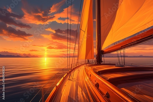 A serene sunset view from a sailing yacht, showcasing vibrant colors and calm waters. photo