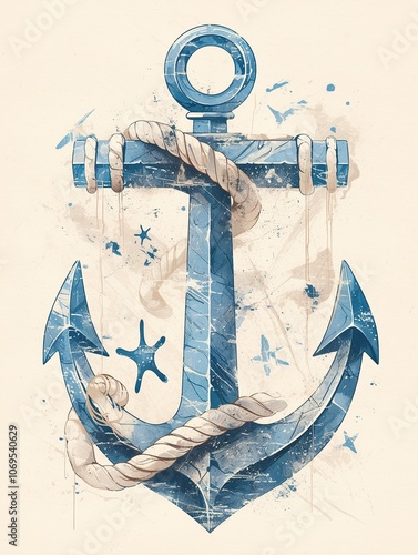 A stylized blue anchor entwined with rope, symbolizing maritime themes and adventure. photo