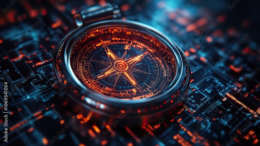 A digital compass overlays a blue background of code, symbolizing directional guidance in the digital realm. A digital compass overlays a blue background of code, symbolizing directional guidance in the digital realm.