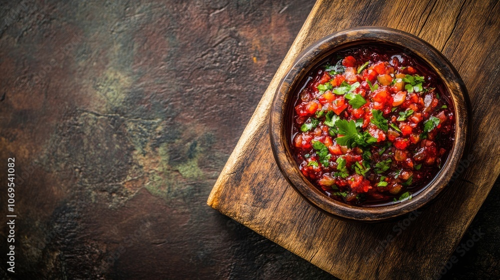 Fresh, spicy salsa with diced tomatoes, herbs, and spices in wooden bowl on rustic background Fresh, spicy salsa with diced tomatoes, herbs, and spices in wooden bowl on rustic background
