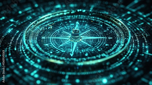 A digital compass overlays a blue background of code, symbolizing directional guidance in the digital realm.