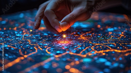 A digital hand places pins on a map, illustrating AI and GPS technology for logistics and route planning.