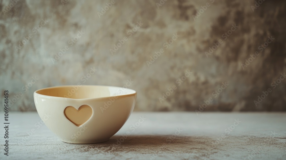 Cream-colored ceramic bowl with heart-shaped cutout, sitting on textured surface Cream-colored ceramic bowl with heart-shaped cutout, sitting on textured surface