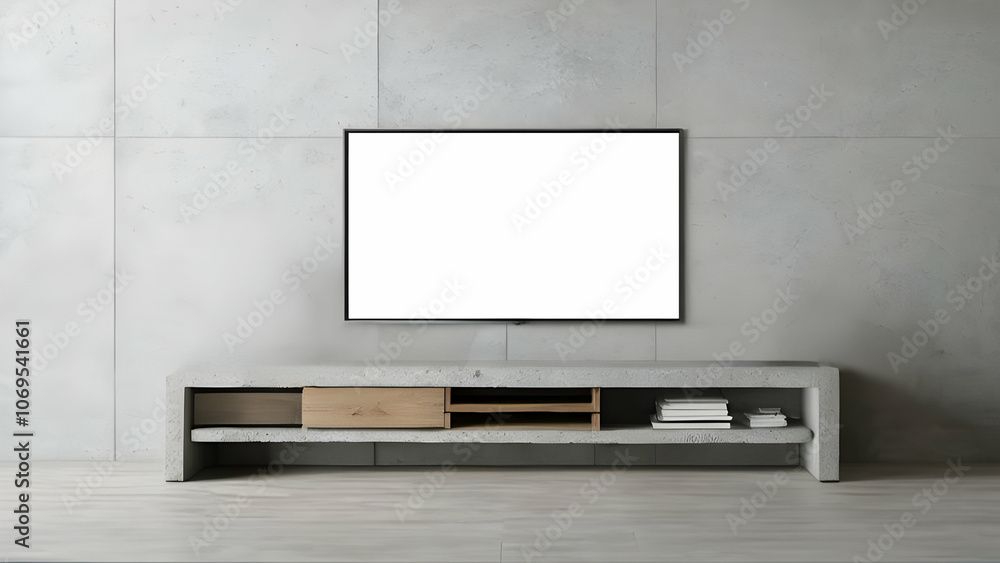 Minimalist living room with a concrete TV cabinet and blank TV screen, perfect for advertising displays and mockups. Minimalist living room with a concrete TV cabinet and blank TV screen, perfect for advertising displays and mockups.