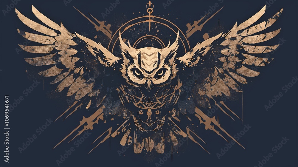 Fototapeta premium A stylized owl illustration with wings spread, featuring intricate designs and a mystical aura.