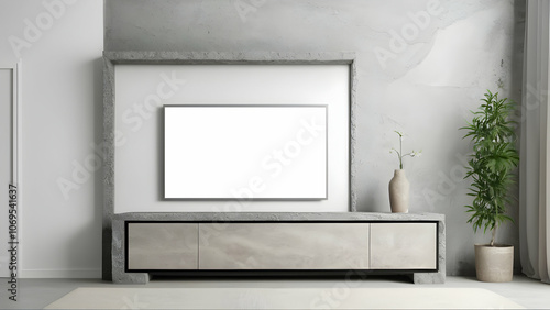 Wallpaper Mural Living room with a concrete TV stand and blank TV screen, ideal for advertising mockups and displays. Torontodigital.ca