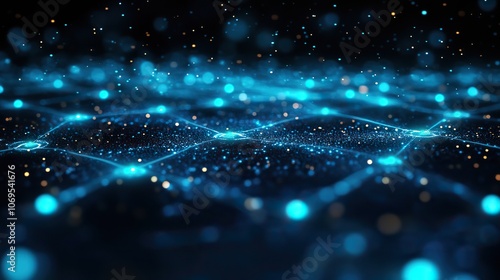 A digital technology scene with neon blue and green lights representing cyber connectivity in the metaverse for futuristic internet networks.