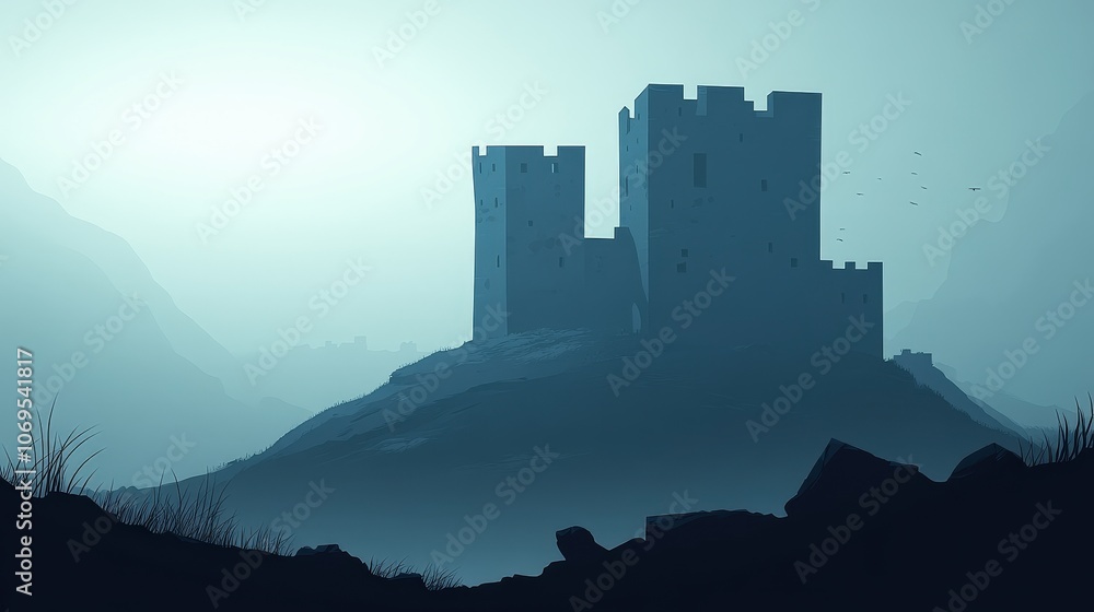 Fototapeta premium Mystical Castle on Misty Hill with Dramatic Lighting