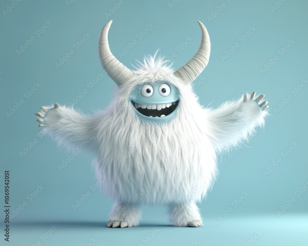 Naklejka premium 3d rendered hairy cartoon yeti monster character with big horns standing on two legs smiling